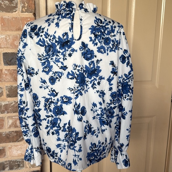 Floral Print Flouncy Sleeve High Ruffle Neckline Pearl Button Keyhole Detail - Picture 4 of 14